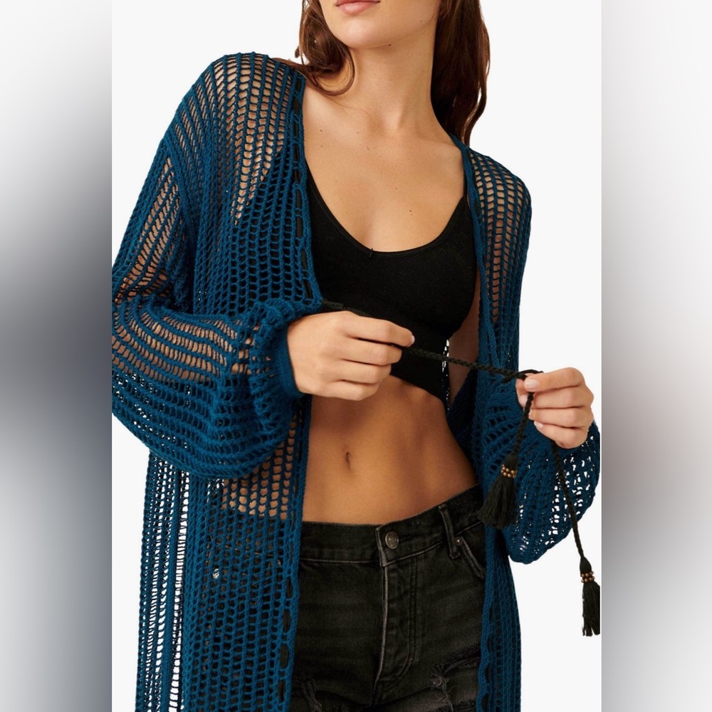 Free People Lattice Open Knit Cadigan in Blue size Med NWT